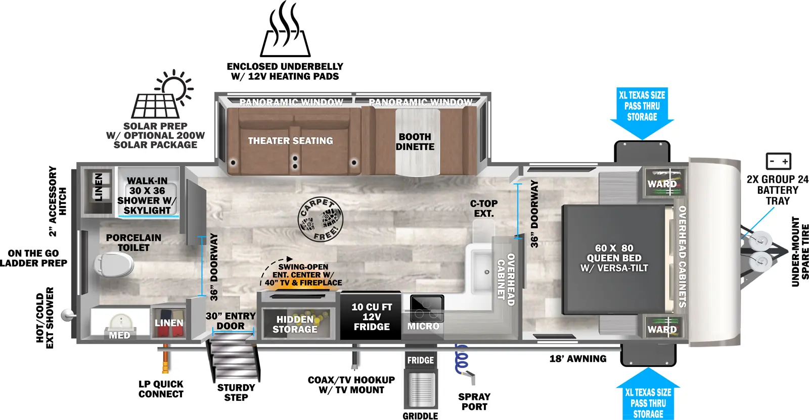 The Hemisphere Travel Trailers 25RBHL has one entry and one slide out. Exterior features include: fiberglass exterior, 18' awning and outside kitchen. Interiors features include: front bedroom and rear bathroom.